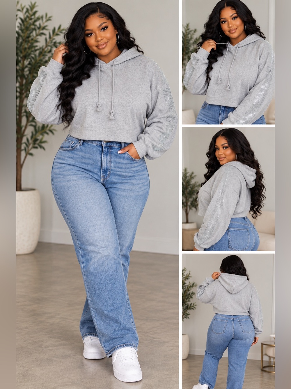 PINK Victoria's Secret Rhinestone Sleeve Cropped Hoodie in Gray